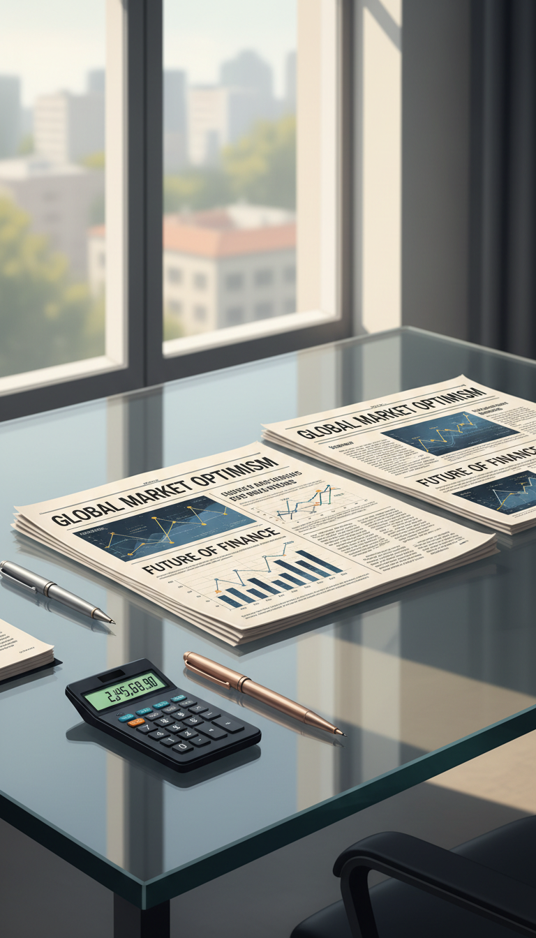 An intricate, stylized illustration of a neat row of financial newspapers, their crisp ivory pages filled with detailed graphs, economic headlines, and subtle gold accents in the charts. The papers rest on a modern glass desk, which is organized with elegant metallic pens and a slim, digital calculator. Behind the desk, soft diffused daylight pours in through a frosted office window, casting refined, elongated shadows and bringing gentle warmth to the scene. The mood is professional yet approachable, exuding informed calm. The composition uses a centered, slightly elevated angle for focus, with sharp detail in the foreground and a clean bokeh effect in the background. The artistic style is clean, modern, and highly realistic, reflecting the clarity and expertise of an advanced economic blog.