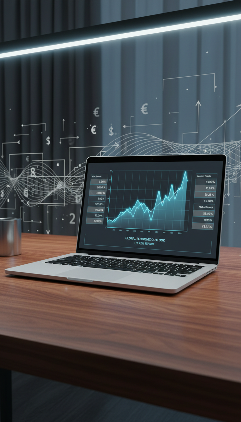 A minimalistic, hyper-detailed rendering of a sleek, silver laptop displaying a dynamic line graph in vivid blue, surrounded by clear, structured economic data on the screen. The laptop is set upon a rich walnut desk, with a background of subtle, geometric patterns suggesting abstract economic flow. Overhead cool-toned LED lighting creates soft highlights on the laptop’s edges and a faint glow reflecting off the desk’s smooth grain. The setting is uncluttered, emphasizing focus and organization. Captured from an eye-level, rule-of-thirds angle, the image feels open, analytic, and forward-thinking. The artistic style is modern and ultra-clean, supporting the site’s mission of delivering cutting-edge economic insights.